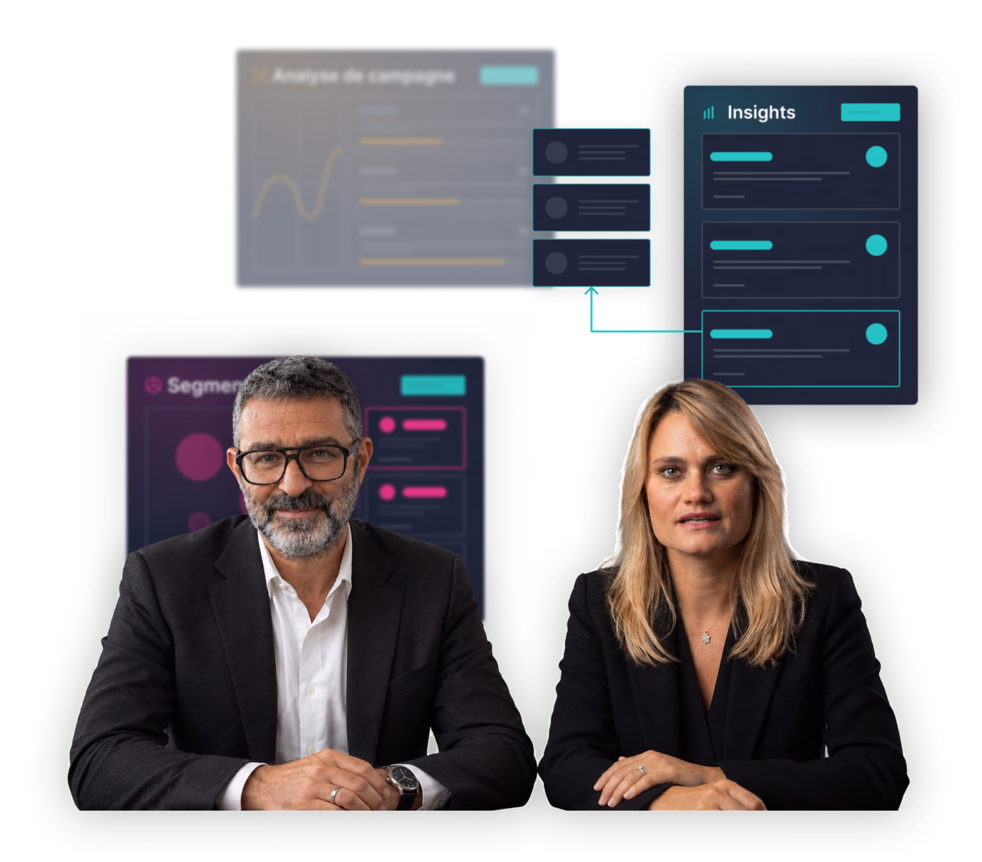 Capture de la plateforme IQVentis, modules Analyse de campagne, Insights et Segmentation